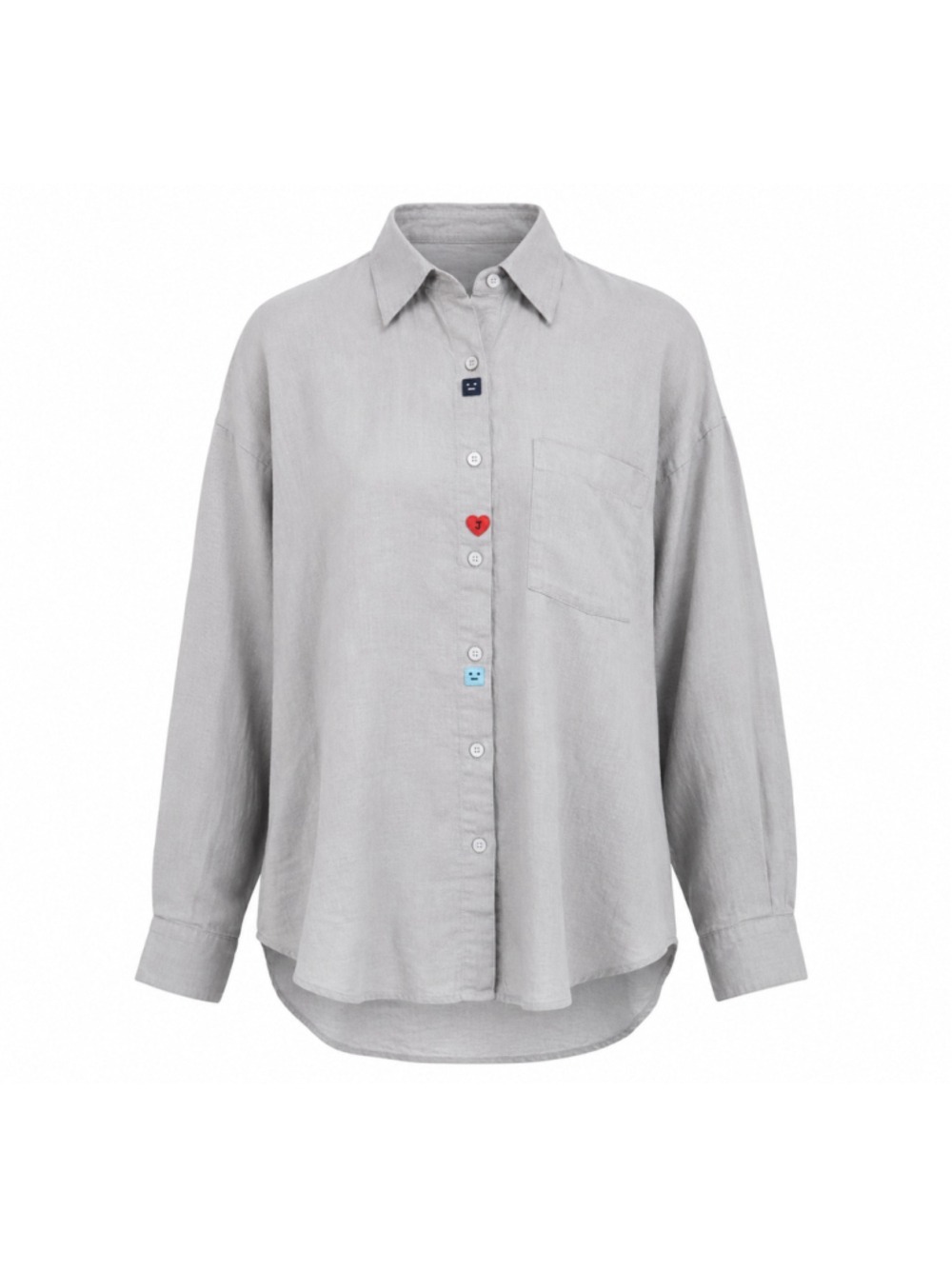 UND 100% Linen Oversized Button Down Shirt Gray Heart Appliqué One Size